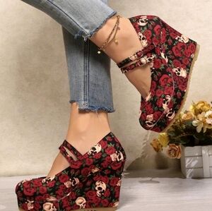 Floral Wedge Heels - Red and Black